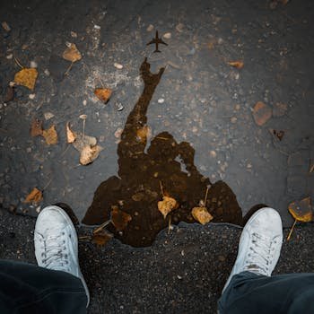 Reflection of an airplane in a puddle with a person's shadow and sneakers visible.